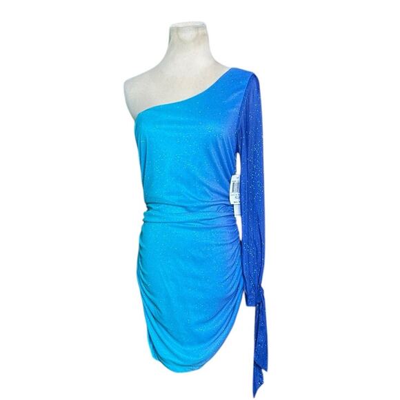 Teeze Me blue glittery ombre  one shoulder ruched mini dress size M - Picture 1 of 16